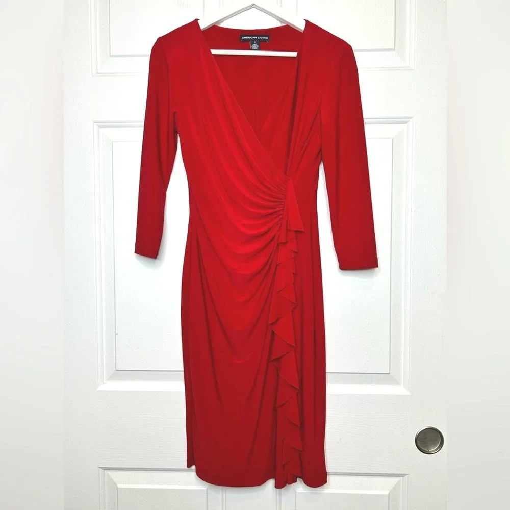 American‎ Living Red 3/4 Sleeve Ruched Sheath Dress Career Cocktail Party